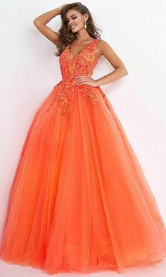 Jovani - 02840 Plunging Neck Floral Applique Tulle Ballgown Orange Ball Gown, Prom Things, Prom Ballgown, Quince Stuff, Tulle Ballgown, Dresses Orange, Dark Blush, Prom Inspo, Orange Dresses