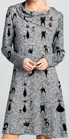 Casual Cat Print Buttons Long Sleeves Shift Dress Female Outfits, Shift Dresses, Long Sleeve Shift Dress, Dress Stores Online, Wardrobe Ideas, Cheap Fashion, Cat Print, Winter Collection, Women's Dresses