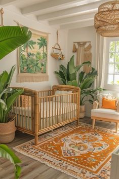 a living room filled with furniture and lots of plants on the wall next to a baby's crib