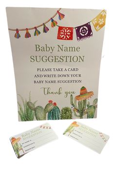 a baby name suggestion card with a thank note attached to the front and back of it