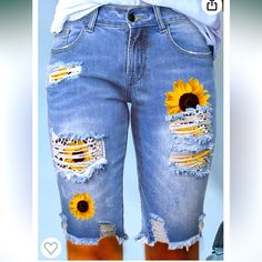 New Sidefeel Women Bermuda Shorts Denim Destroyed Raw Hem Shorts Jeans. Size Varies. Ski Blue With Sunflowers. Green Tote 12 Silk Dress Short, Capri Shorts, Liverpool Jeans, Green Tote, City Shorts, Satin Shorts, Maternity Shorts, Shorts Denim, Plus Size Shorts