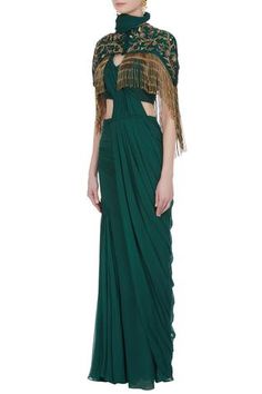 Shop for Nitika Kanodia Gupta Green Pre-draped Saree With Tassel Cape for Women Online at Aza Fashions Elegant Party Pre-draped Saree With Tassels, Pre-draped Saree With Tassels For Wedding, Elegant Saree With Tassels For Reception, Party Saree With Tassels, Elegant Pre-draped Saree With Tassels For Festive Occasions, Elegant Pre-draped Saree With Tassels For Wedding, Elegant Pre-draped Party Saree With Tassels, Elegant Pre-draped Wedding Saree With Tassels, Wedding Pre-draped Saree With Tassels