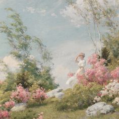 an oil painting of a woman in a white dress on a hill surrounded by flowers