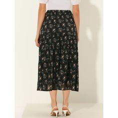 It is a perfect piece to be paired with a crop top or basic tee and sneakers for a stunning day look or styled with sandals to go out! A versatile floral skirt for daily casual style, or an eye-catching piece as a chiffon skirt. This long chiffon skirt creates an effortlessly elegant silhouette with its cinched waist and a tiered hem. This A-line skirt features a dainty floral print, ruched ruffles, and a tiered design in a perfect ankle length. Cut from chiffon fabric and soft lining with a flo Casual Floral Print Tiered Skirt Bottoms, Casual Tiered Skirt Bottoms With Floral Print, Casual Black Skirt For Brunch, Casual Tiered Skirt, Casual Ruffled Skirt, Casual Denim Skirt With Ruffles, Picnic Skirt, Beach Maxi Skirt, Long Chiffon Skirt