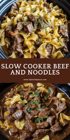 slow cooker beef and noodles recipe in a crock pot with text overlay