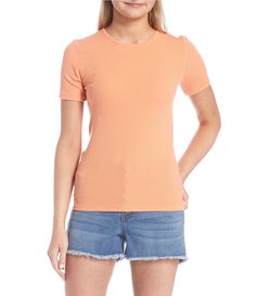 From Copper Key, this tee features: Scoop necklineShort sleevesSeam styling at center backRibbed knit fabricationPull on stylingCottonMachine wash/tumble dry Imported. Solid Stretch Knit Top With Crew Neck, Stretch Knit Top With Crew Neck, Cotton Knit Top With Ribbed Crew Neck, Cotton Knit Top With Ribbed Neckline And Short Sleeves, Spring Basic Short Sleeve Top With Ribbed Neckline, Basic Short Sleeve Top With Ribbed Neckline For Spring, Solid Color Cotton Knit Top With Ribbed Neckline, Casual Fitted Short Sleeve Top With Ribbed Neckline, Cotton Knit Top With Ribbed Neckline