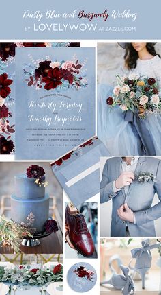 the wedding color scheme is blue and burgundy, with red flowers on it's bouquet