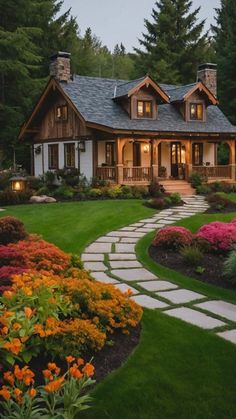 a house that is in the middle of some grass and flowers with lights on it