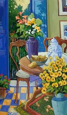 a painting of flowers and food on a table in front of an open door with blue shutters