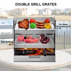 an outdoor grill with different types of meats and vegetables cooking on it's sides