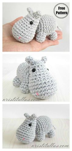 crocheted hippo is shown in three different views