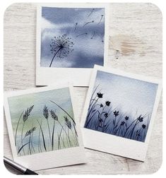 three watercolor paintings of dandelions and blue sky on white paper with black ink