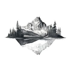 a black and white drawing of a mountain with trees on it's side, reflected in the water