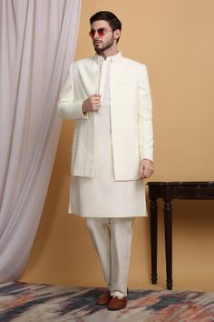 Off white open jacket with tonal geometric embroidery. Paired with an inner straight kurta and pant. - Aza Fashions Embroidery Geometric, Geometric Embroidery, Open Jacket, Straight Kurta, Silk Embroidery, Embroidered Jacket, Pants Pattern, Pant Set, Cotton Silk