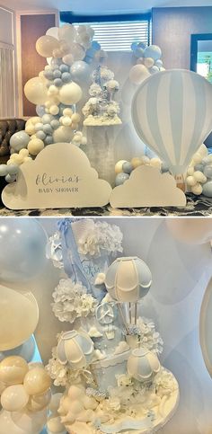 balloons and other decorations are on display in the room at this wedding reception, as well as an image of a hot air balloon