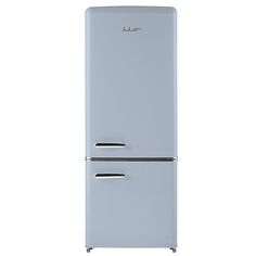 a blue refrigerator freezer sitting on top of a white floor