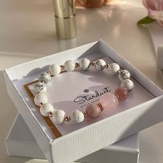 Stylish bracelet made out of white howlite, rose quartz and rose jade. 🌸⠀ ⠀ White Howlite is a calming stone, brings compassion and sensitivity to its wearer.⠀ ⠀ - soothes the body, mind, spirit ⠀ - helps balance calcium levels in the body⠀ - great for people who overreact or too emotional ⠀ - connects to the third-eye chakra⠀  All jewelry comes in premium packaging, gift ready, plus a stylish postcard  All of our jewelry are designed and crafted by hand in our atelier in Bulgaria with careful Luxury White Natural Stones Bracelets, White Gemstone Beads Bracelet As Gift, White Minimalist Crystal Bracelet As A Gift, Adjustable White Rose Quartz Jewelry, White Minimalist Crystal Bracelet Gift, Feminine White Beaded Bracelets As Gift, Minimalist White Crystal Bracelet Gift, Feminine White Bracelets For Gifts, White Crystal Bracelet With Gemstone Beads As Gift