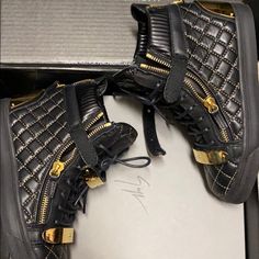 Authentic Giuseppe Zanotti. Women's Metallic Quilted Leather High-Top Sneaker, Very Trendy And Fashionable. Women's Metallic Quilted Leather High-Top Sneaker. Size Europe 38 - Run A Bit Smaller. Never Worn, Comes With Box, Dust Bag And Authentic Card. Retail Price: $1,295.00 Elegant Black Evening Sneakers, Designer Black Party Sneakers, Gold Leather Party Sneakers, Luxury Party Sneakers, Black Leather Evening Sneakers, Luxury High-top Party Sneakers, Evening Black Leather Sneakers, Elegant Leather Sneakers For Party, Luxury High-top Sneakers For Party