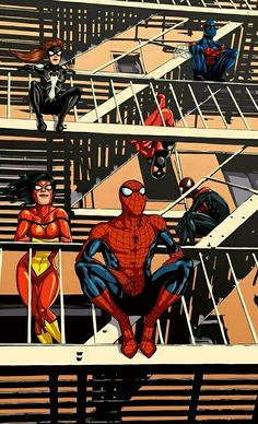 the amazing spider - man and other superheros are sitting on top of some stairs