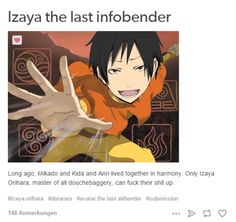 an image of someone holding their hand up in front of the caption that reads, izaya the last infobender