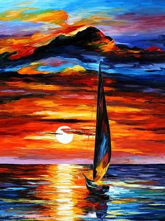 a painting of a sailboat in the ocean at sunset