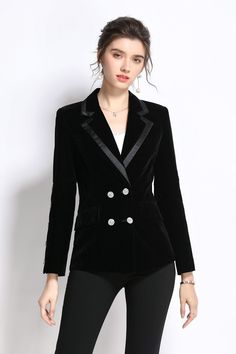 Our spectacular double-breasted Chic Velvet Blazer is made of thick velvet fabric and features a fitted style and sharp shoulders. Peak lapels with satin inserts and rhinestone buttons at the front, back, and sleeves add a touch of elegance and glam to this blazer. This Chic Velvet Blazer will elevate any evening look even if you wear a plain dress. Please check a size chart and size up if you are between sizes. Black Velvet Party Blazer, Evening Velvet Blazer With Suit Collar, Elegant Velvet Outerwear For Party, Elegant Velvet Party Outerwear, Evening Velvet Single Breasted Blazer, Winter Velvet Blazer For Night Out, Chic Black Velvet Outerwear, Chic Velvet Blazer For Night Out, Evening Velvet Outerwear With Lapel Collar