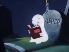 a ghost reading a book in front of a tombstone