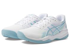 a white and blue tennis shoe with light blue accents on the upper part of the shoe