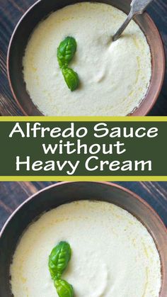 two bowls filled with alfredo sauce and basil leaves on the top one bowl has cream in it