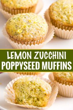 lemon zucchini poppy seed muffins on a white plate with text overlay