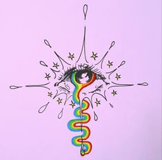 a drawing of a rainbow colored eye with stars and swirls coming out of it