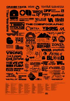 an orange poster with black and white typograms on it's side