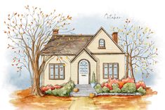 a watercolor painting of a house with fall foliage