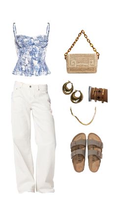 Blue and white top, white mom jeans, small beach bag, golden jewelry, and sandals. 17th Birthday, Fashion Sense, Greece, Outfit Ideas, Summer Outfits, Cute Outfits, Wardrobe, Outfit Inspo