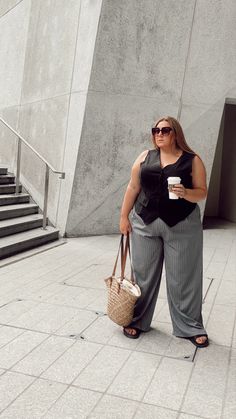 Black vest grey trousers minimalism Baggy Clothes Outfit Plus Size, Plus Size Normcore, Summer Interview Outfit Plus Size, Summer Academia Outfits Plus Size, Europe Aesthetic Outfit Plus Size, Plus Size Clean Girl, Clean Aesthetic Outfit Plus Size, Plus Size Vest Outfits, Plus Size Minimalist Outfits