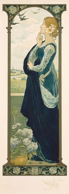 an illustration of a woman in a blue dress looking out into the distance while holding her hand to her face