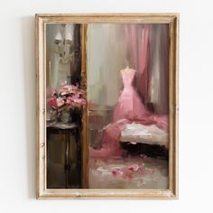 an oil painting of a pink dress in front of a mirror