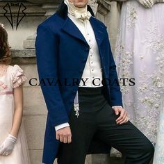 New Men Blue Wool Colin Bridgerton Regency Tailcoat, 18th Century Victorian Style Men Tailcoat, Tailcoat For Wedding By Cavalry Coats With Worldwide Shipping ARTICLE DESCRIPTION CHARACTERISTICS: Crafted from 100% wool, our Tailcoat embodies sophistication and elegance. The Custom Fit Style guarantees a tailored and refined appearance. Its primary color, Blue, complements various occasions and settings. Meticulously stitched by seasoned professionals, ensuring durability and impeccable craftsmanship. Size Specifications: To guarantee the perfect fit, we require the following measurements: Chest Size: Measure the circumference of your chest at its broadest point. Waist Size: Measure around your natural waistline, usually the narrowest part of your torso. Shoulder to Shoulder: Measure from on Regency Style Fitted Outerwear For Formal Occasions, Regency Style Fitted Formal Outerwear, Elegant Formal Outerwear With Historical Design, Bridgerton Colin, Blue Wool Coat, Colin Bridgerton, Regency Era Fashion, Halloween Event, Historical Costume