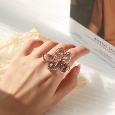 Floral Crystal Ring Rose Gold Metal Rings For Wedding, Rose Gold Crystal Flower Jewelry, Rose Gold Crystal Flower-shaped Jewelry, Rose Gold Crystal Ring Jewelry, Rose Gold Crystal Jewelry With Flower Shape, Metal Flower Ring Gift, Rose Gold Flower Jewelry For Her, Elegant Rose Gold Flower Ring For Gift, Elegant Flower Shaped Metal Rings