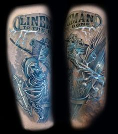 an arm with two tattoos on it and one has a skeleton riding a ship in the ocean