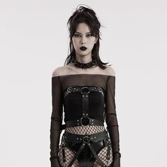 It is made of faux leather. A symmetrical D-shaped buckle decoration is on the front chest. There are adjustable straps at the back waist. 
 
Material:?Faux Leather 
Weight: 0.199KG 
Size:?XS-M; L-2XL 
SKU:?WS-608BDF 
? Goth Clothing, Black Punks, Leather Halter, Punk Inspiration, Goth Women, Body Harness, Leather Harness, Faux Leather Belts, Gothic Punk