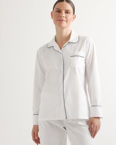 Sleep in style in crisp, cool cotton. This long sleeve shirt and straight leg pant combo has piping detail at the hems and elasticated pajama waistband.  | Quince | Women's Pajama Set in White, Cotton, Size XS, Organic Cotton Summer Pjs, Cotton Pajama Set, White Pajamas, Linen Pajamas, Straight Leg Pant, Cotton Pajama Sets, Womens Pyjama Sets, Cotton Pyjamas, Silk Skirt