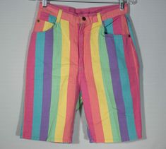 Here's a great pair of colorful pastel colors cotton denim jean, quality tailored shorts by the high end Stuffed Shirt 80's / 90's vintage collector's made in U.S.A . label. You will love knocking about in these unique figure flattering vertical striped, medium rise summer long shorts! They are great for all outdoors activities and have a very original look and eye-catching appeal. They are in really great condition with only one very slight small speck/spot flaw and one slight pull (that are sh 1980s Clothing, Colorful Jean Shorts, 80s Items, 80s Clothes, 80s Aesthetic Fashion, Kidcore Fashion, Vintage Jean Shorts, Vintage Christmas Toys, Huge Hair