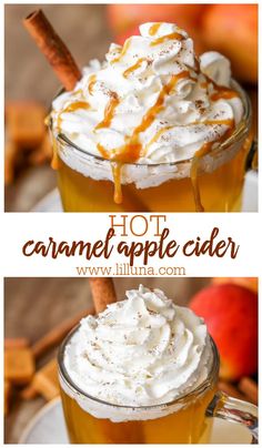 caramel apple cider with whipped cream and cinnamon on top