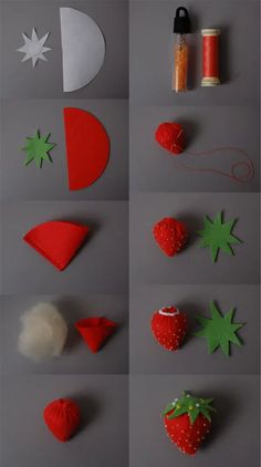 several different pictures of strawberries and other things to make them look like they are made out of felt