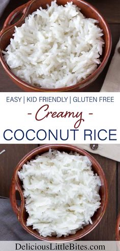 two bowls filled with coconut rice on top of a wooden table