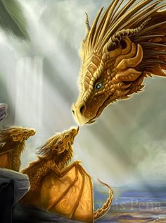 two golden dragon like creatures are facing each other in front of a waterfall and sky