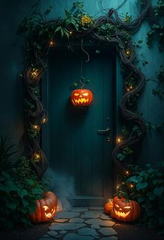 two carved pumpkins sitting in front of a green door with vines and lights around them