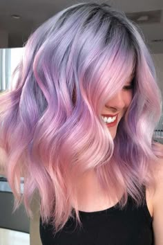 Two-Toned Hair Color Trend #longbob #wavyhair #rosegoldhair #purplehair Dark Purple Hair Color, Pink And Purple Hair, Two Toned Hair, Dark Purple Hair, Guy Tang, Extreme Hair