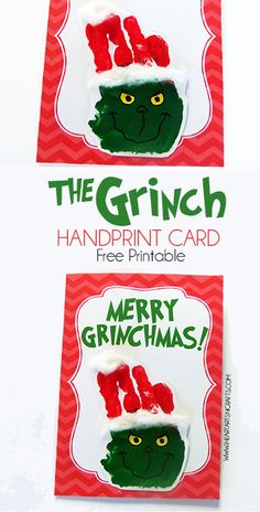 the grinch handprint card is free printable and has been made to look like it